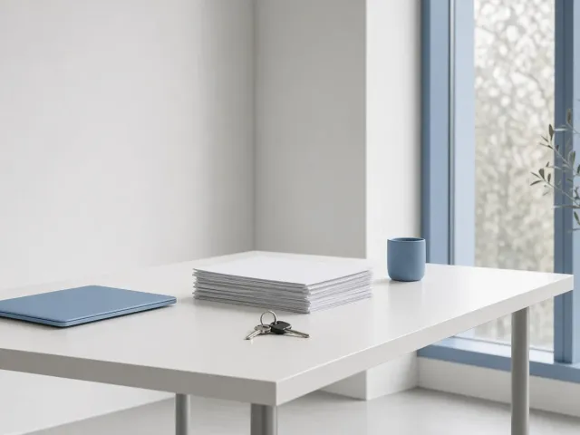 A minimalist leasing office desk with a closed laptop, a stack of plain papers, a set of keys and a blue cup