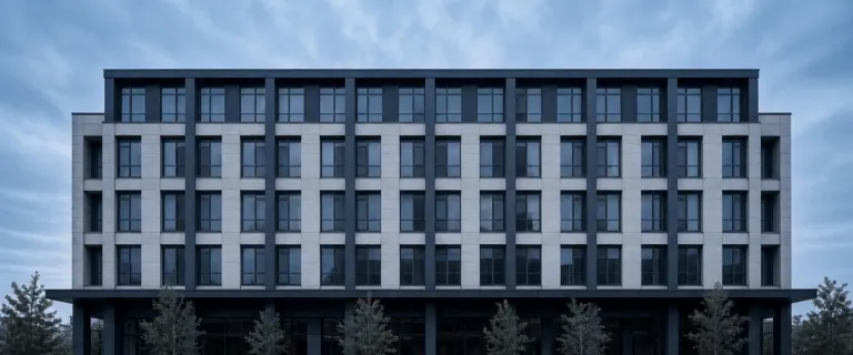 The modern facade of a mid-rise mixed-use building with apartments above and offices at street level